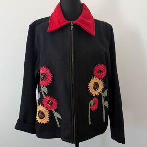 VTG Floral Embroidered Black Wool Jacket with Red Collar Full Zip Grannycore